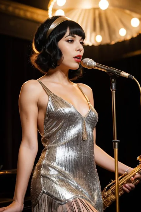7. A female jazz musician (ethnicity: Mixed race, age: mid-30s) in a smoky, vintage jazz club (setting: 1920s, atmospheric). She...