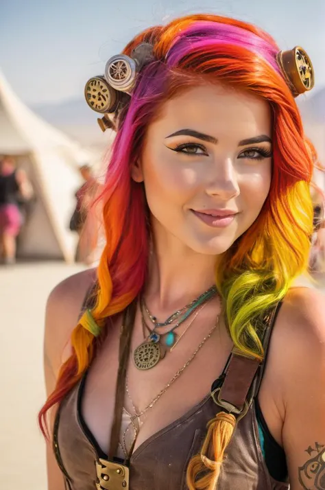 cute woman Selena with colorful hair at burning man tent, daylight, steampunk cosplay, (freckles:0.2)