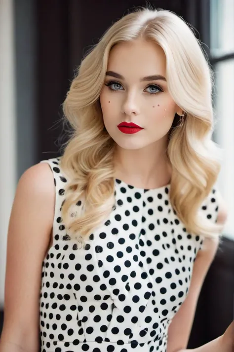 fashion photography of 23 y.o blonde woman, beautiful makeup, wearing dot dress, 35mm