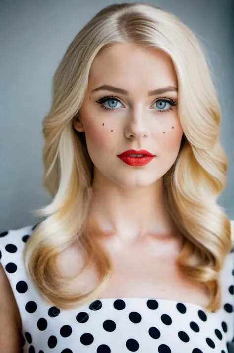 fashion photography of 23 y.o blonde woman, beautiful makeup, wearing dot dress, 35mm
