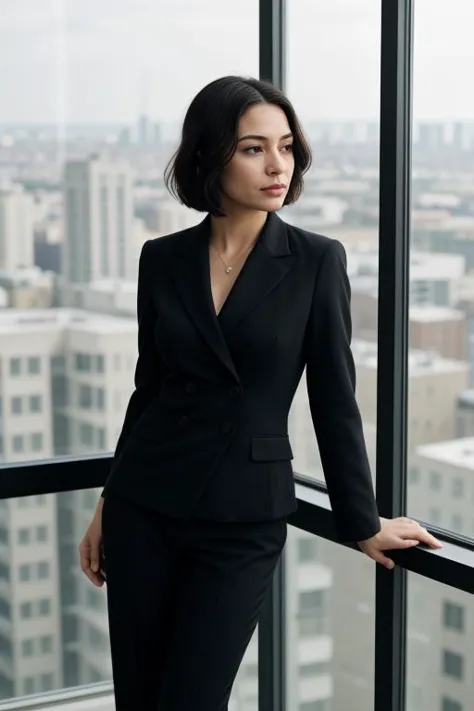 4. Female executive (ethnicity: Black, age: 40s) in a high-rise office (setting: modern, overlooking a cityscape). She's in a sh...