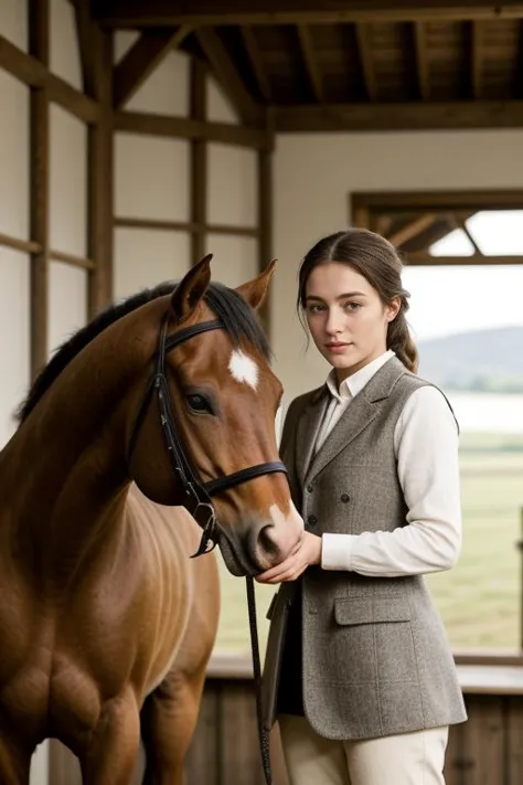 Female equestrian (ethnicity: White, age: mid-20s) in a rustic stable (setting: countryside, dawn). She's wearing traditional ri...
