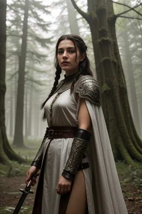 6. A female medieval warrior (ethnicity: White, age: mid-20s) in a misty, ancient forest (setting: mystical, dawn). She's clad i...