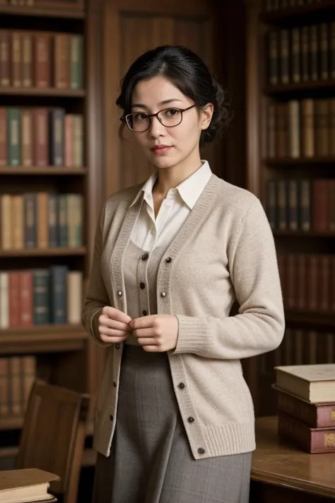 9. Female librarian (ethnicity: East Asian, age: 50s) in an old, grand library (setting: historic, book-filled). She's in a clas...