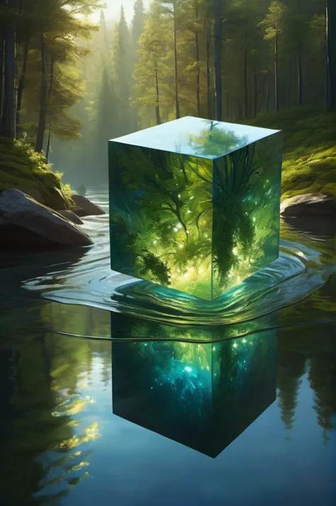 extremely detailed render, rough cube, floating, glowing elements, perfect environment, nature, oil paint by Greg Rutkowski