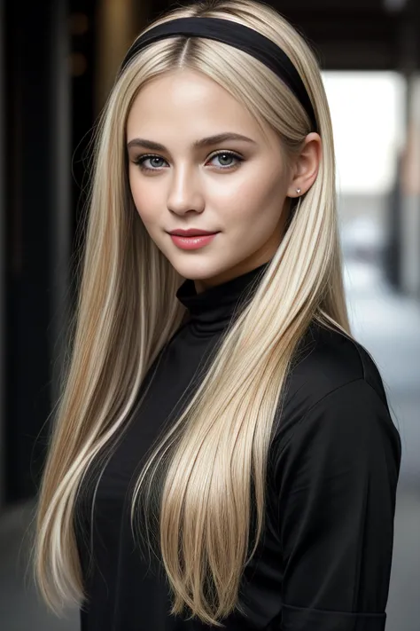 real, masterpiece, best quality, (detail skin texture, ultra-detailed body),
1girl, 4b6i3c-smf, solo, blonde hair, hairband, realistic, long hair, lips, black shirt, upper body, expressionless,  brown eyes, smile