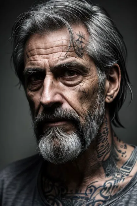 photorealistic photo of male prisoner, an old man, rough looking, ((messy dark hair with grey strands)), fine lines and wrinkles, unfit body, t-shirt, ((tattoos)), looking at the camera, realistic, (masterpiece:1.1), (best quality:1.1), beautiful, (intricate details), unity 8k wallpaper, ultra detailed, aesthetic, perfect lighting, <lora:drnamilf_V2-000008:0.85>