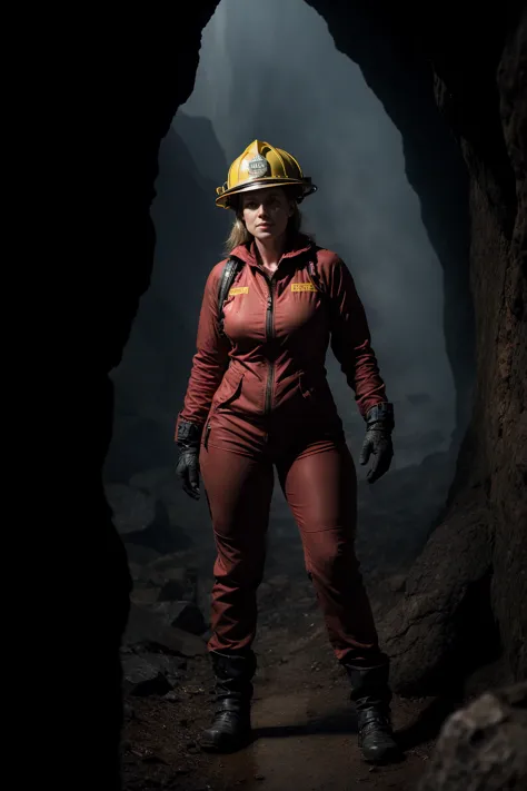 Photo of a fearless female firefighter in her full firefighting gear, standing confidently in a dark and treacherous cave, wearing a sturdy firefighter suit, rugged rock formations.
open suit, cleavage, sweaty, wet clothes, sexy, smoke