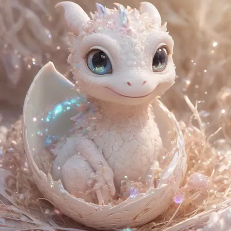 Tiny dragon, hatching from egg, wide-eyed curiosity, soft pastel colors, glittering eggshell pieces, cozy nest, gentle morning l...