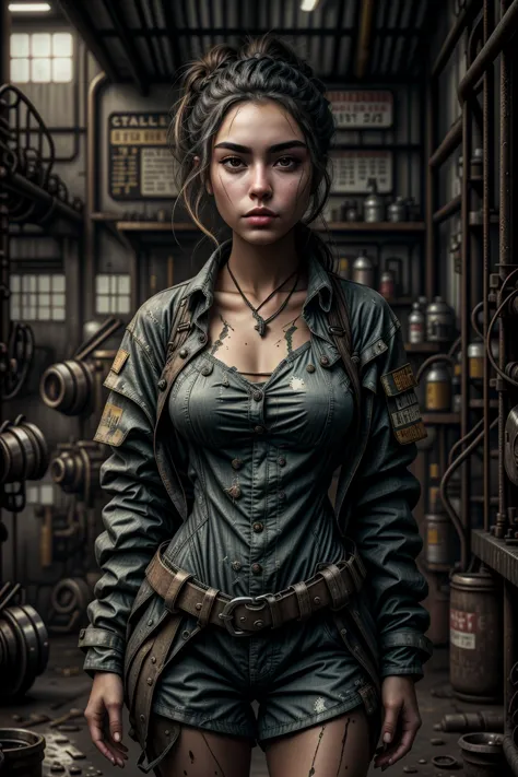 Young female mechanic (ethnicity: Hispanic, age: mid-20s) in a busy auto workshop (setting: industrial, cluttered). She's in a m...