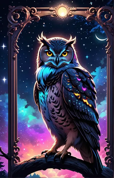 <lora:SS02ImpressionisticPainting_Hap_XL:2>,Thomas Kinkade style, <lora:add-detail-xl:0.1> glowing frame, backlight colors, silhouette colors, cosmic frame, powerful owl, profile in a frame, silhouette, backlighting, vibrant,magical night sky, illustration, soft, beautiful, dreamy, realistic, professional, simple, twinkling night sky, extremely detailed, hyper detailed, illustration, half finished sketch, half colored sketch, anime, masterpiece, bright colors, high contrast, vivid lighting, dark background, simple background, mad-spiral-galaxy,