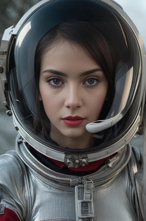 Face close up of a sexy argentine 20 yo slender woman, retro-futuristic cosmonaut wearing a glass dome helmet and spacesuit with...