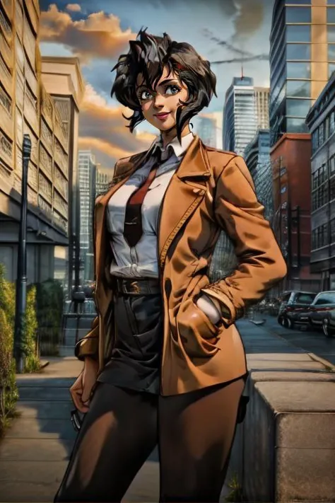 <lora:irenevincent001:0.8>, (realistic:0.9), high quality, solo, outdoors, docks, daylight, chicago skyline in background ,looking at viewer, smile, irenevincent, 1girl, short hair, black hair, blue eyes, dark skin, brown jacket,necktie, collared shirt, black tight skirt, pantyhose,  <lora:Add_detail_Furtastic_Detailer:1.35>, masterpiece, highest quality, highest quality visuals, highest details