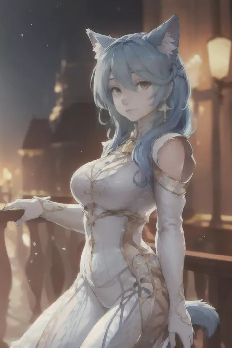 a woman in a white dress with blue hair and a cat ears