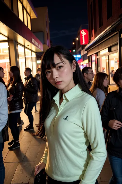 masterpiece, best quality, photorealistic, Greenlandic, 1girl, adult woman, collared_shirt, (in crowded and bustling downtown at night)