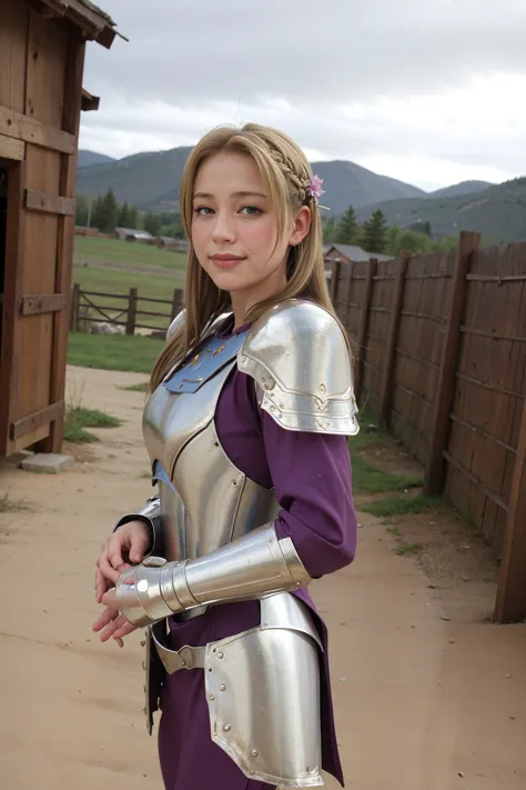 masterpiece, best quality, photorealistic, <lora:JoanOfArc-06:0.8>, Joan of Arc, 1girl, blonde hair, long hair, hair ornament, hair flower, medium breasts, solo, cowboy shot, looking at viewer, smile, blush, closed mouth, from angle, purple undershirt, purple pants, armor, shoulder armor, pauldrons, breastplate, armored boots, pelvic curtain, own hands together, medieval, medieval farming village, farm, clouds, sky