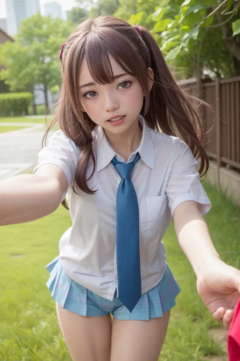 masterpiece, best quality, photorealistic, <lora:MyDress-UpDarling:0.8>, inui shinju, running, wind lift, floating hair, :d, tied shirt, cyan necktie, reaching out