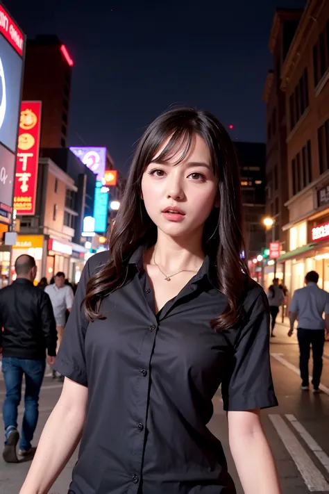 masterpiece, best quality, photorealistic, English, 1girl, adult woman, collared_shirt, (in crowded and bustling downtown at night)