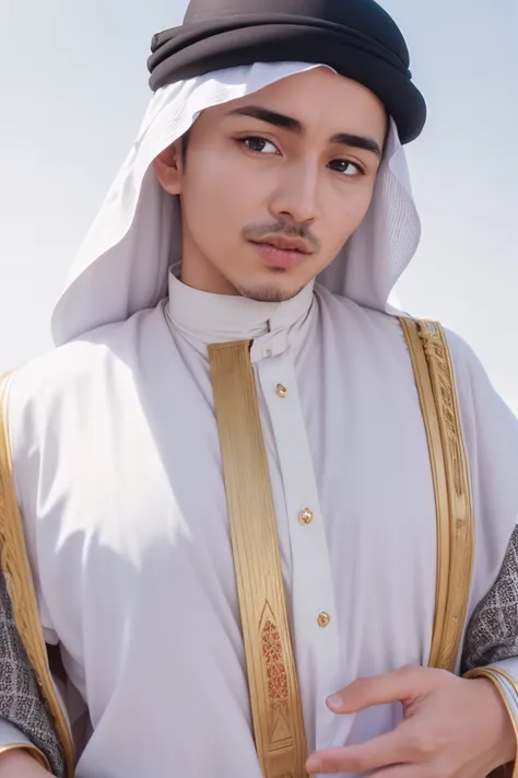 masterpiece, best quality, highly detailed, ultra high res, (photorealistic:1.8), unreal_engine, photograph, realistic_skin_texture, 8K, HDR, raw photo, (Omani men:1.8), solo, (hat, ring, jewelry, white background, looking at viewer, necklace, shirt, simple background, plaid, jacket, parted lips, skirt, black headwear), ultra face detailed, outdoors