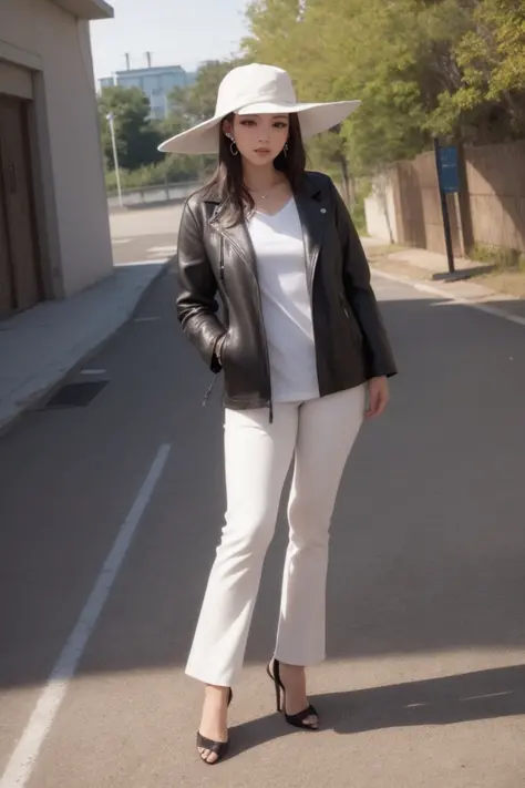 masterpiece, best quality, (photorealistic:1.8), unreal_engine, photograph, realistic_skin_texture, 1girl , (aegyo sal:1), cute, ((puffy eyes)), brown undercut BREAK hat, pants, holding, holding clothes, standing, shirt, high heels, headwear removed, full body, jewelry, jacket, earrings, long sleeves, shoes, white shirt, looking at viewer, outdoor