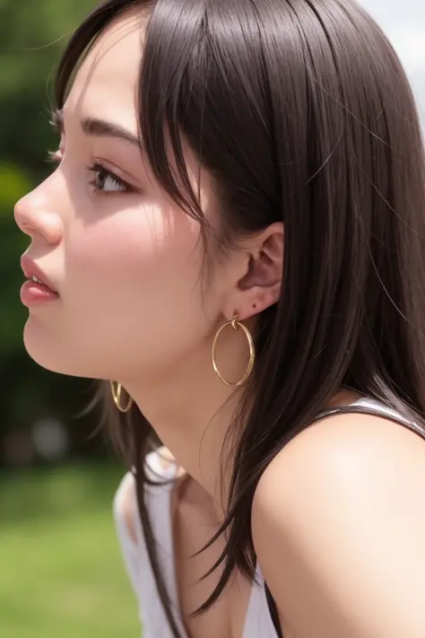 masterpiece, best quality, (photorealistic:1.8), unreal_engine, photograph, realistic_skin_texture, 1girl , (aegyo sal:1), cute, ((puffy eyes)), long gray hair BREAK jewelry, earrings, looking up, upper body, parted lips, hoop earrings, nose, from side, profile, looking afar, looking away, bangs, outdoor