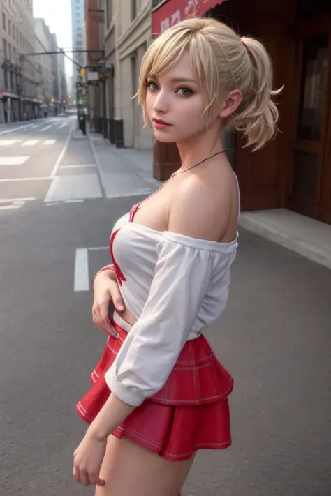 masterpiece, best quality, highly detailed, ultra high res, (photorealistic:1.8), unreal_engine, photograph, realistic_skin_texture, <lora:AliceMS:1>, AliceMS, 1girl, solo, looking at viewer, from angle, wide sleeves frilled shirt, mini skirt, own hands together, Manhattan, <lora:flat2:-1>