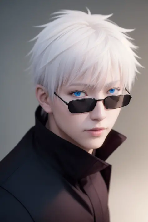 masterpiece, best quality, highly detailed, ultra high res, (photorealistic:1.8), unreal_engine, photograph, realistic_skin_texture, <lora:jjk_gojo-11:1>, satoru gojo, 1boy, solo, (bangs), ultra detailed eyes, emelard blue eyes, black slim sunglasses, white pink hair BREAK, portrait, looking at viewer, expressionless, closed mouth, (black black jacket)