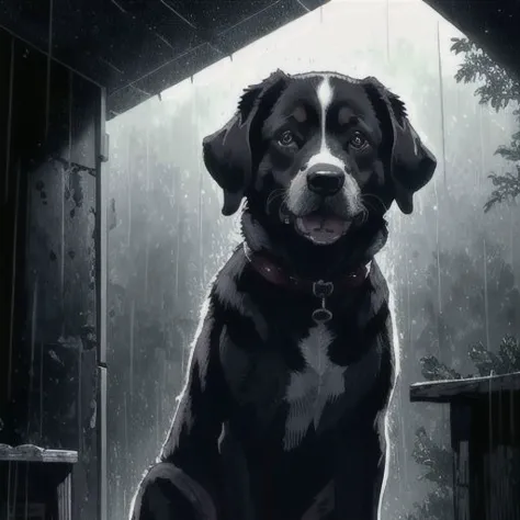 Closeup, dog focus, a beautiful Photo of a dog, rain dark atmopsphere, country backround