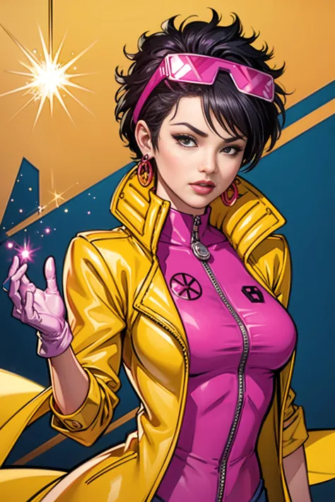 <lora:jubilee:1> jubilee, 1girl, gloves, jewelry, looking at viewer, yellow jacket, lips, medium breasts,( beauty mark:1.2), holding colorful sparks