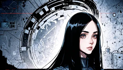 anime girl with long black hair and a futuristic spaceship in the background