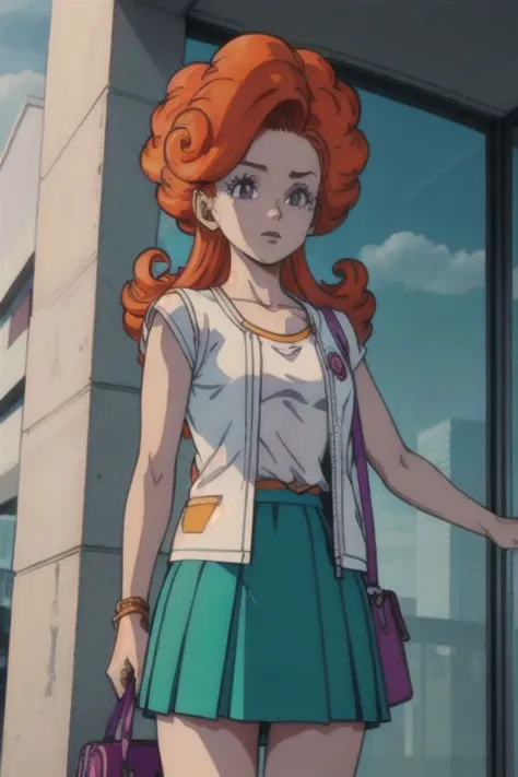 (masterpiece, best quality), 1girl,   <lora:cocoangela_v5_prod:1> angela, orange hair, purple eyes, curly hair, long hair   white t-shirt, teal skirt, short sleeves || yellow dress, white open sweater, sleeveless, handbag, shoulder strap