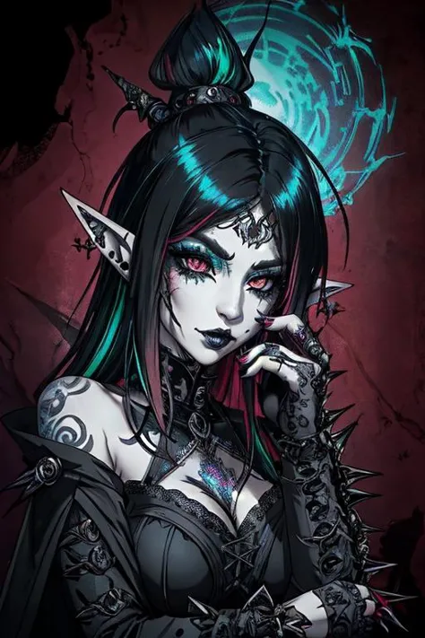 blckmtl, spiked, photograph of a (gothic elf  girl: 1.3), eyeliner, makeup, tattoos, multicolored hair, detailed background, nebula, intricate details, masterpiece, realism, (perfect face: 1.2) <lora:blckmtl:0.4>