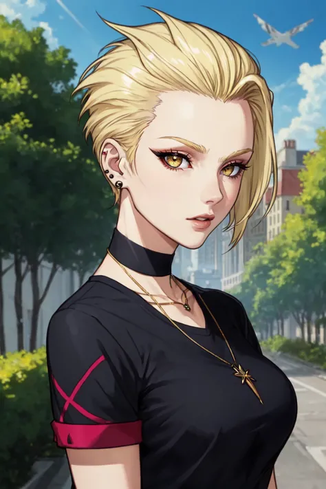 a woman with blonde hair and a black shirt standing in front of a street