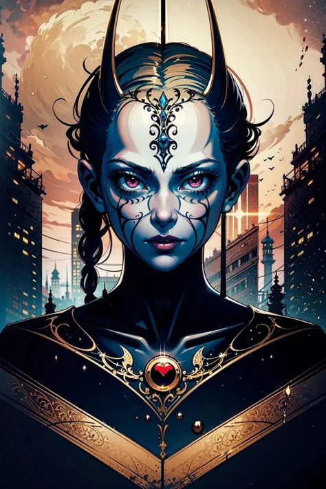 a woman with horns and a face painted in blue