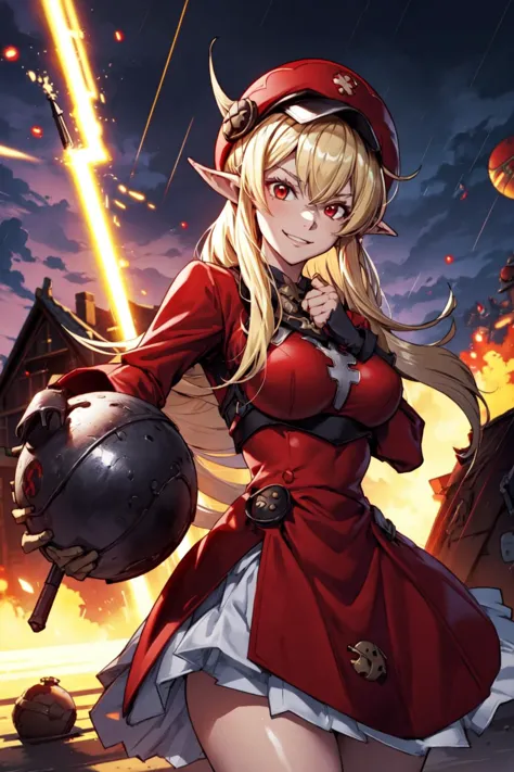 1girl, solo, evil smile, dynamic pose, holding a bomb, it's raining bombs, red round bombs, explosions, <lora:Adult_Klee_Genshin...