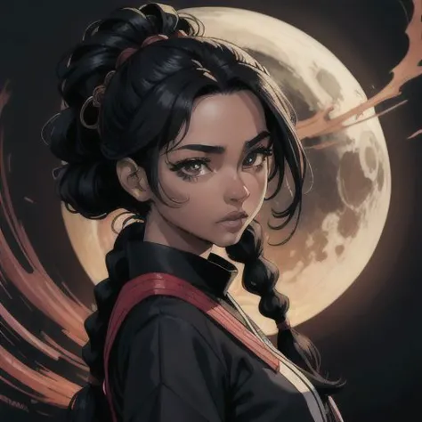 a woman with long hair and a black top is standing in front of a full moon