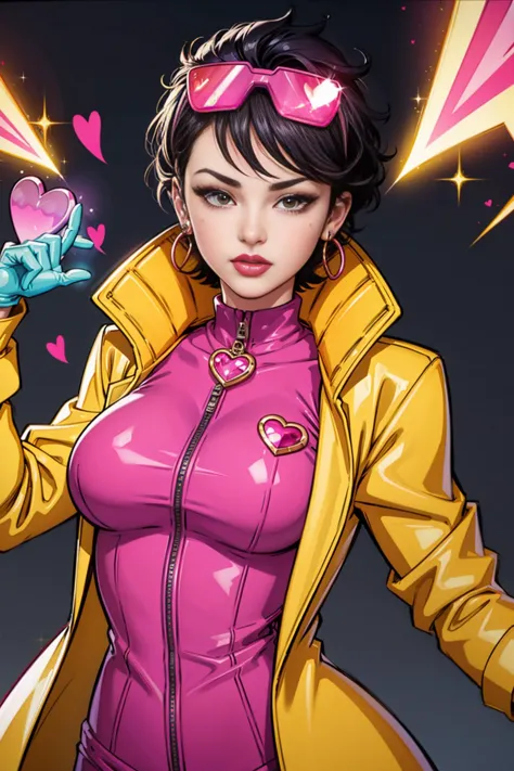 a close up of a woman in a pink outfit holding a pink heart