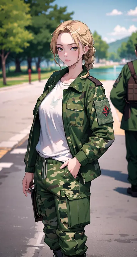 ((masterpiece,intricate details)),1girl,mature female,Braid,,brown eyes,,,,,, 
BREAK
(Army_green_cargo_jacket:1.5),(Camouflage_cargo_pants:1.4),(Combat_boots:1.3),(Military_base_background:1.4)
BREAK
, Park_with_a_lake_as_its_centerpiece,,((cowboy shot)),from ,:1.2,depth of field,looking at viewer