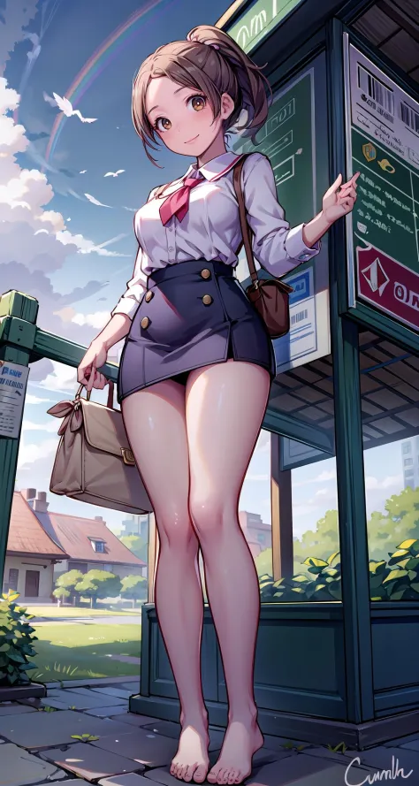 (masterpiece),(intricate details),1girl,mature female,brown eyes,Slicked-back high ponytail, ,large breasts,blush:1.3,
BREAK
school uniform,ribborn,pencil skirt,barefoot,depth of field,looking at viewer,random view,((standing on the , Doll_museum,)),((full body)),smile
BREAK
day,sun,rainbow,bus stop,((cumulonimbus)),from below:1.4,