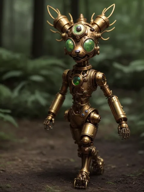 a close up of a toy robot walking in a forest