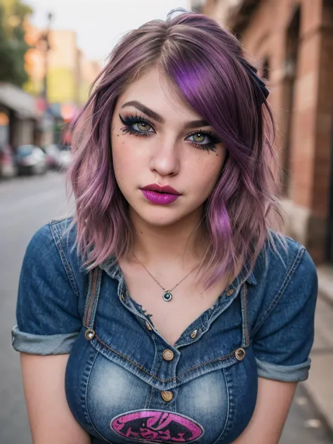 Grunge style, RAW photo of girl, Australian, dressed, wearing Jeans and T-shirt, Two-shot, straight-on, random hairstyle and color, random eyebrows style, extremely detailed face eyes lips, heavy makeup, blusher, eye shadow, eyeliner, mascara, lipstick, lip liner, (high detailed skin:1.2), 8k uhd, dslr, soft lighting, high quality, film grain, Fujifilm XT3 <lora:GoodHands-beta2:1>,, (face:Oval Face, Doe Eyes, [eye color violet], Nose with an Alluring Hook Shape, protruding upper lip, prominent cheeks, crooked chin),, Textured, distressed, vintage, edgy, punk rock vibe, dirty, noisy<lora:depth_of_field_slider_v1:1.0>