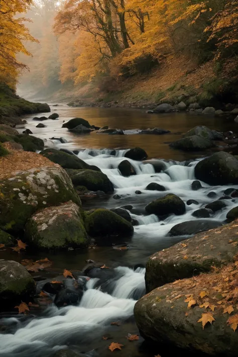 photo of landscape, river in old dark red (forres:1.1) in england, stones, mist, (magical mood:1.1),(sun:1.1), shadows( autumn leaves:1.2),, (taken with nikon f5, 55mm, f1/2 lens , dynamic angle, dark mood, national geographic style, atmospheric, vibrant tones, vivid colors, haze, cinematic, film grain, (analog, chromatic aberration):1.1), (detailed skin textures:1.15),