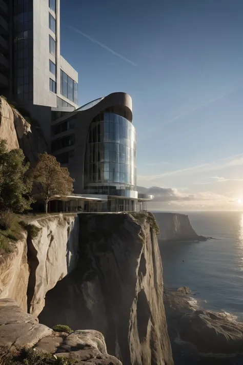 (Modern style architecture, Art galleries and public buildings on a rocky coast, half embedded in the cliff:1.3), (avant-garde, future, reality, science fiction, photorealistic), (modern architecture:1.2), (Large Files, Ultra Realistic, 8K, 16k, FHD, HD, VFX, Perfect, Photography, composition, Architecture Sales Photography, Architecture Competition, Ultra High Resolution, Cinematography, High Resolution Image:1.1), (dramatic lighting, direct sunlight, ray tracing, clear shadow:1.2), (real landscape:1.1), (blurred background:1.0), (urban background, more_details)