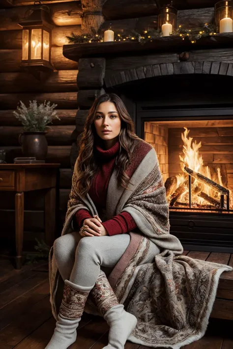 a woman sitting on a wooden floor in front of a fireplace