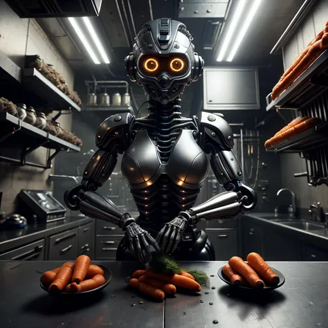 biomechanical cyberpunk, wall-e running (walle), hyperrealistic photo of a female kitchen assistant, cuts the vegetables, prepar...