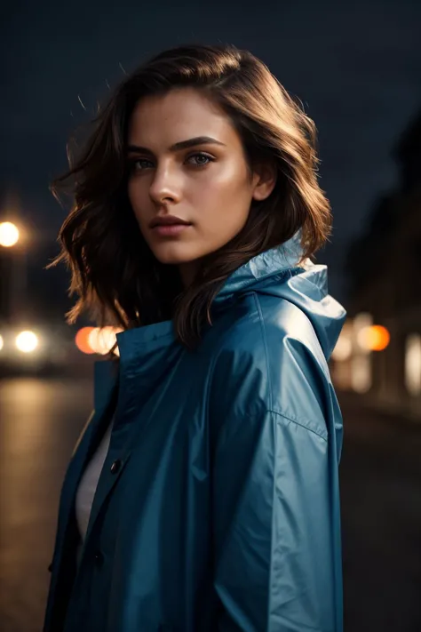 a woman in a blue jacket standing on a street at night