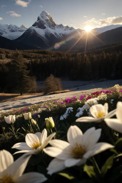cinematic film still Snow-capped mountains, flowers and moos, sunrise, sunrays, white clouds,lens flare, low wide angle,, (sharp...