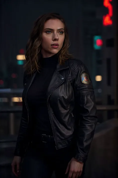 portret photo of  scarlett , in cyberpunk city at night. She is wearing a leather jacket, black jeans, dramatic lighting, (polic...
