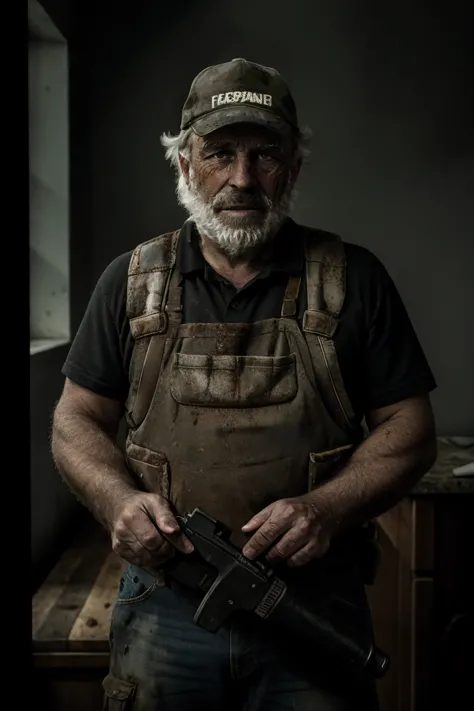 a man with a beard and a hat holding a gun