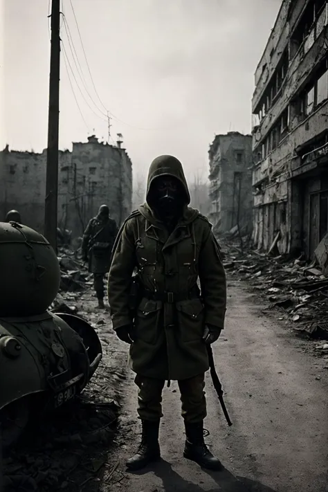 war photography, full body shot, poland,  special forces operator, modern soldier gear, gas mask with filters and pipes, (olive and tattered hooded coat:1.4), large backpack, in dead soviet  city, (s.t.a.l.k.e.r.:1.2), post apocalyptic mood,, (1960's war mood, analog, high contrast, hard shadows, vignetting, by Eddie Adams, made with Asahi Spotmatic SP:1.45)